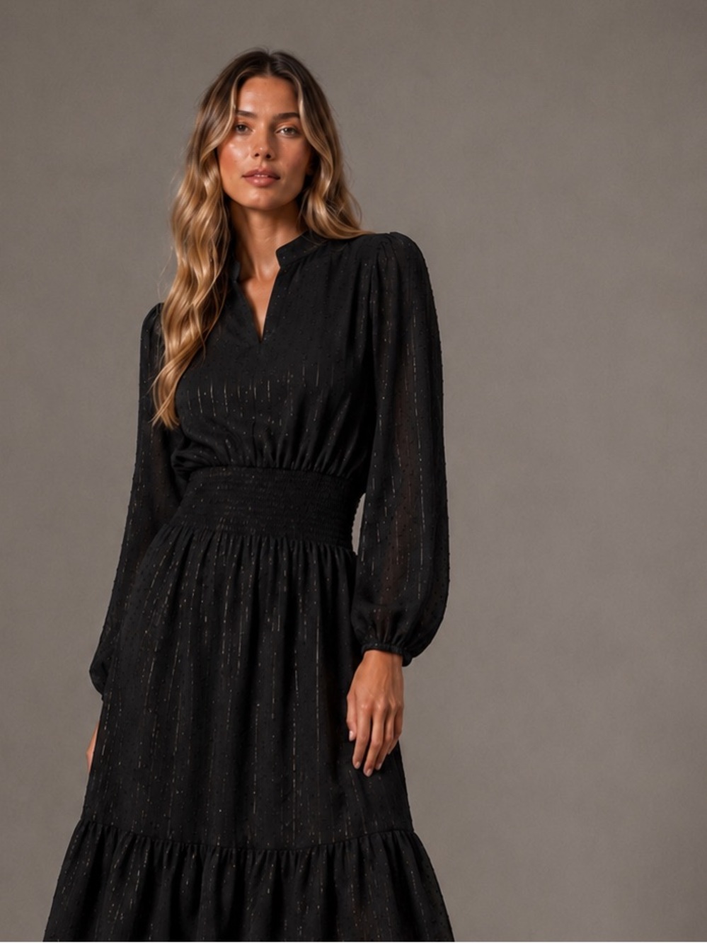 STORY Black Swiss Dot Smocked Waist Midi Dress